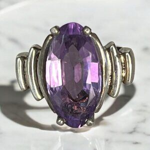 Vintage Large 1.17" Oval Faceted Amethyst in Sterling Silver Ring Size 8.5